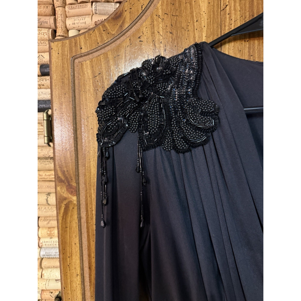 Vintage 80s Miss Elliette California black sequin Shoulder VNeck Evening Gown 12 - Picture 3 of 10